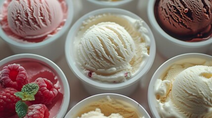An overhead shot of a selection of ice cream and sorbets - obrazy, fototapety, plakaty