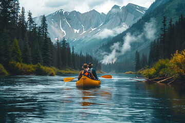 Canoeing in glacial water, the river near mountains  - obrazy, fototapety, plakaty