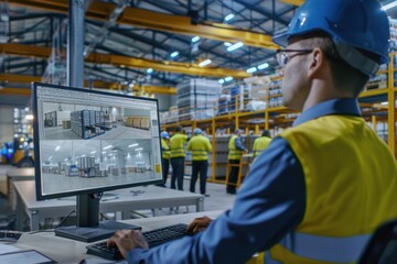 Warehouse employee working on a computer. Selective focus.
