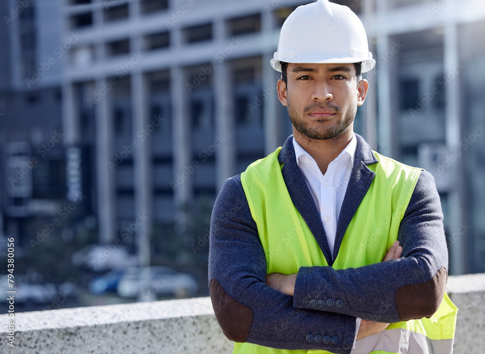 Poster man, engineer and portrait and arms crossed in construction site with serious, face and confident. m