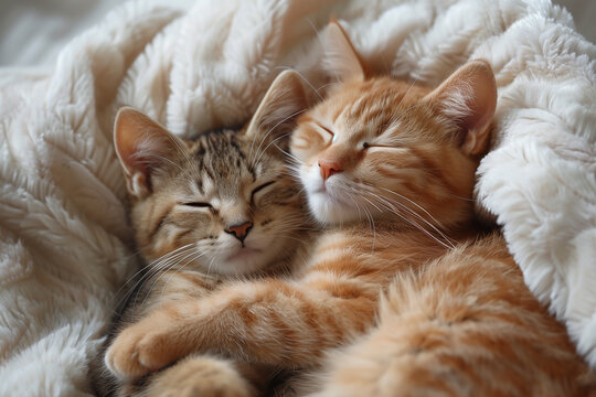 Lovely cat couple sleep together hug on white fluffy bed. Valentine's Day celebration concept