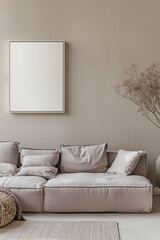 Tranquility reigns in this minimalist living room, with a soft lavender sofa against a backdrop of muted beige walls, accented by a pristine white empty frame.