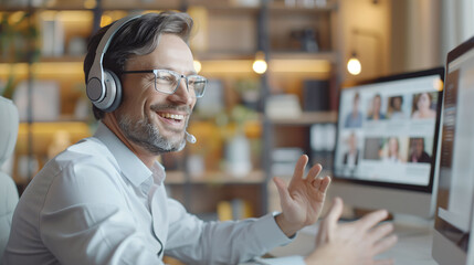 Friendly Remote Worker with Headset in Virtual Meeting