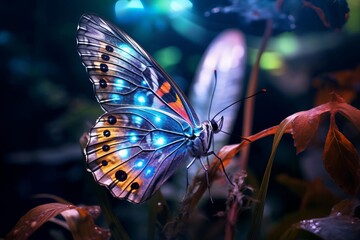 Macro shot of a butterfly in a natural garden setting, with a holographic signal softly overlaying the background for a scifi effect - obrazy, fototapety, plakaty
