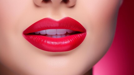 Obraz premium Studio closeup of a lip model, showcasing vibrant lipstick and perfect skin, ideal for beauty and cosmetic ad campaigns