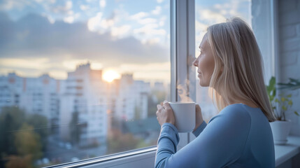 Woman with Coffee Enjoying Sunrise City View