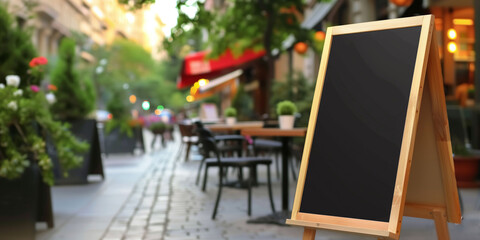 Chalkboard Sign in Front of Outdoor Bistro Seating