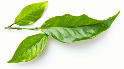 Obraz premium A single green tea leaf, vividly isolated on a white background, symbolizing freshness and natural purity