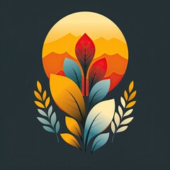 Fototapeta premium Vibrant Autumn Landscape with Silhouetted Mountains and Lush Foliage under Warm Sunset Glow