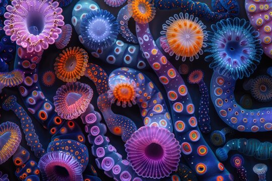 Vibrant and Otherworldly Underwater Portrait of Diverse Annelid Larvae in Dynamic Composition