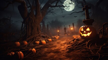 A majestic carved pumpkin stands to the right of a forest path, decorated with autumn foliage in the sky, the full moon is an autumn holiday.