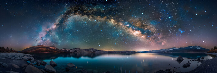 Galactic Splendor Reflecting On Pristine Waters: A Stunning Convergence Of Cosmos And Tranquil...