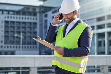 Engineer, man and clipboard and call in construction site with cellphone, smile and confident. Male...