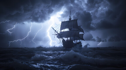 Large ship, liner in bad weather. Sea storm, thunderstorms and rain. Sea is stormy.