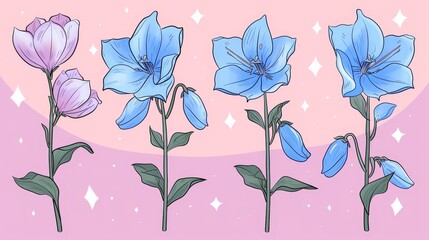  A line of blue flowers on a pink background