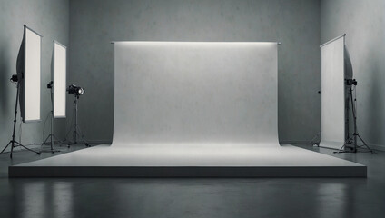 Empty mockup space minimalistic photographic studio white backdrop paper roll lights, generative ai
