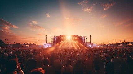 The main stage at a large outdoor music festival on a summer evening. Crowds of people in from of the scene. Shallow field of view.