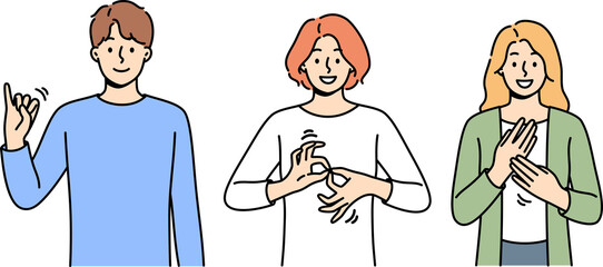 Deaf and mute people use sign language to communicate by making different gestures. Guy and two girls are learning sign language to be able to communicate with humans with disabilities