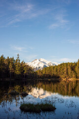 Early morning light illuminates a still mountain lake reflecting the surrounding forest and peaks.