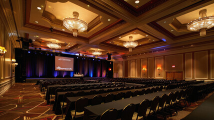 A large auditorium with a stage and a screen