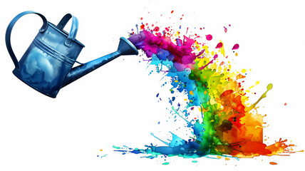 A watering can is pouring water onto a colorful splash of paint. Concept of creativity, artistic...