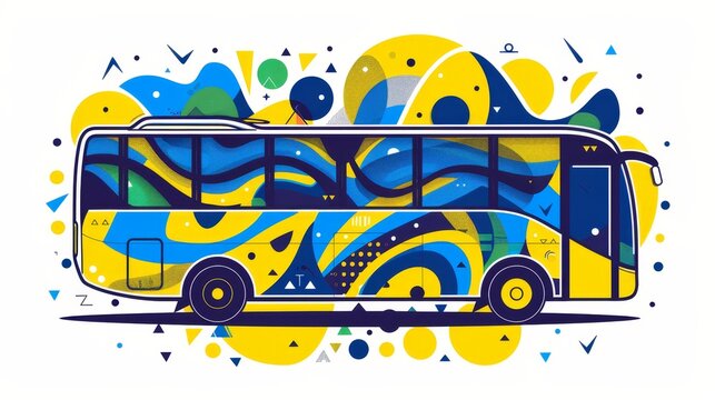   A blue and yellow bus with a splash of paint on its side; the back bears a matching blue and yellow design