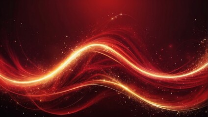 Scarlet Red Backdrop, Electronic Autograph Embellished with Glowing Particles, Crimson Waves, and Areas of Intensity. Golden Light Streaks Illuminate the Composition. - obrazy, fototapety, plakaty