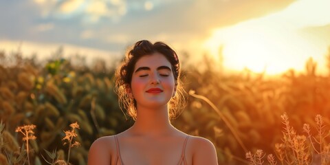 Backlit Portrait of calm happy smiling free overweight woman with closed eyes enjoys a beautiful moment life on the fields at sunset