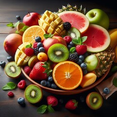 A colorful variety of fruits, including bananas, cherries, and citrus. Generative AI.