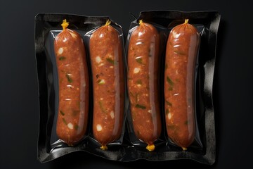 Four sausages in a plastic  vacuum pack on black background