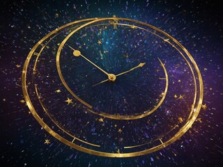 Golden clock with roman numerals finds itself suspended in space filled with stars, celestial bodies, radiating aura of timelessness, infinite universe.