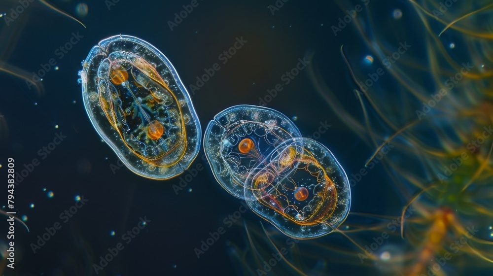 Poster a magnified image of two freshwater euglenoids in the process of binary fission with their bodies di