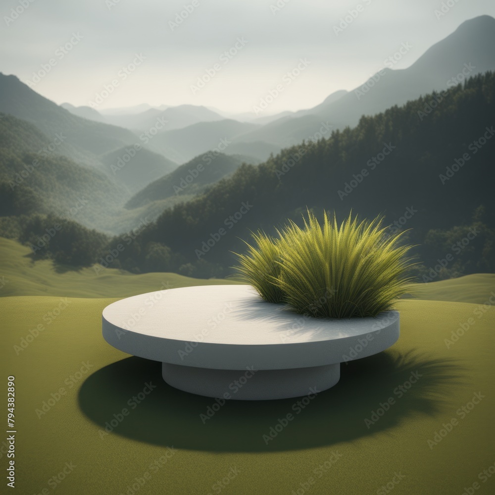 Wall mural green and black stone podium on the grass with a beautiful landscape. 3d rendering.