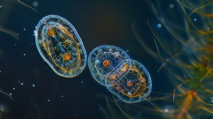 A magnified image of two freshwater euglenoids in the process of binary fission with their bodies dividing into two separate halves. - obrazy, fototapety, plakaty