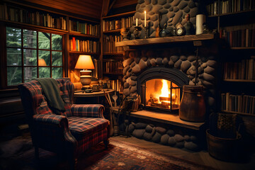  cozy cabin with stone walls and a fireplace