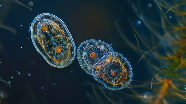 A magnified image of two freshwater euglenoids in the process of binary fission with their bodies dividing into two separate halves.