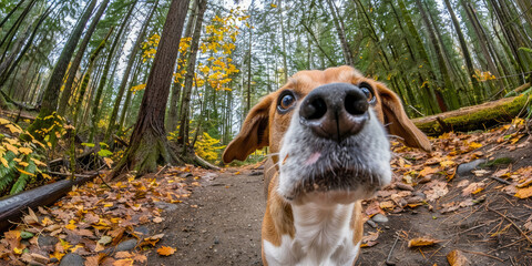Close-up of a curious Beagle investigating a scent trail in a forest.