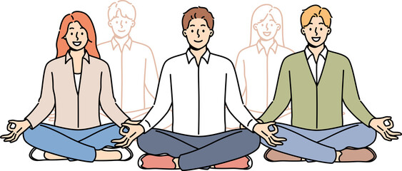 Business people meditation as team during break from work, sitting in lotus position from yoga and enjoying zen practice. Group meditation for office workers to gain strength before important meeting