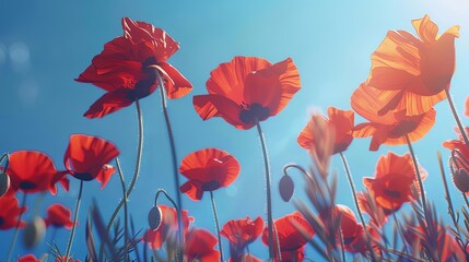Obraz premium Delicate Red Poppies Clear Blue Sky Contrast