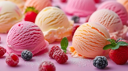 Assortment of natural fruit ice cream isolated with representative color background in a pattern,...