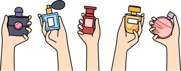 Bottles of perfume in hands of women choosing new scent to create desired look when going to party. Assortment of fragrances in perfume shop, with various essences and extracts for eau de toilette