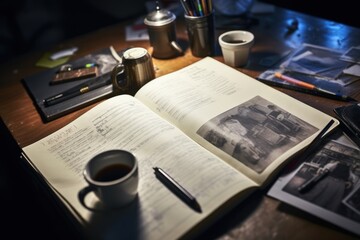 Journalistic flair: a wooden desk featuring old magazines, a notepad, and classic writing tools. - obrazy, fototapety, plakaty