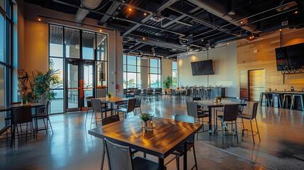 A large room with tables and chairs, and a TV on the wall