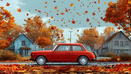 Autumn scene: A red car cruises through a charming midwest town. Concept Automotive Photography, Small Town Aesthetic, Autumn Vibes, Cozy Atmosphere - obrazy, fototapety, plakaty