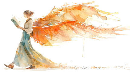 Woman walking while reading a book with wings on white background in watercolor style.