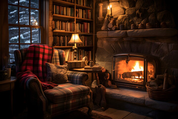  cozy cabin with stone walls and a fireplace