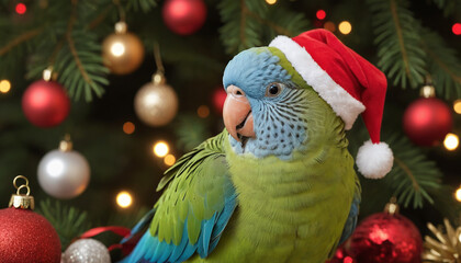 Parakeet Celebrating Christmas Time