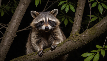 Obraz premium Curious Raccoon Peeking Through Tree Branche