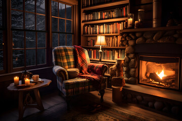  cozy cabin with stone walls and a fireplace - obrazy, fototapety, plakaty