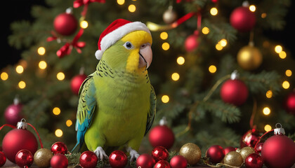 Parakeet Celebrating Christmas Time